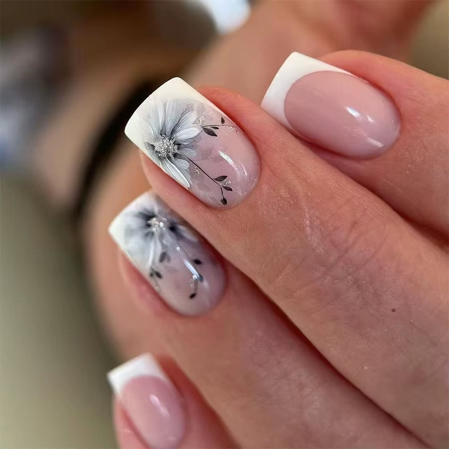 24Pcs Elegant Fairy White Flower Press-On Nails with Pink French Tips - Short Square Design for Effortless DIY Manicure