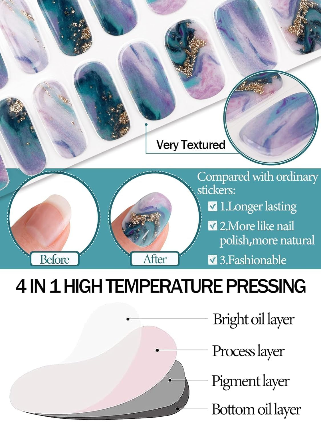 Stunning Blue Marble Gel Nail Strips - Long Lasting, Salon-Quality Full Wrap Stickers with Nail File & Wood Stick (UV/LED Lamp Required)