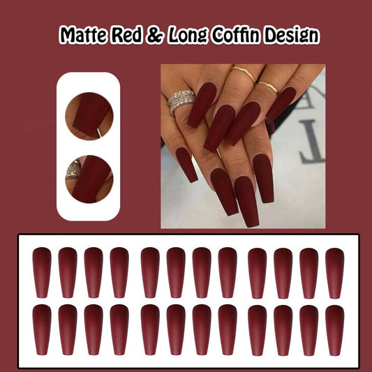 Stunning Matte Red Coffin Press-On Nails - 24 Pcs Long False Nails for Glamorous Looks