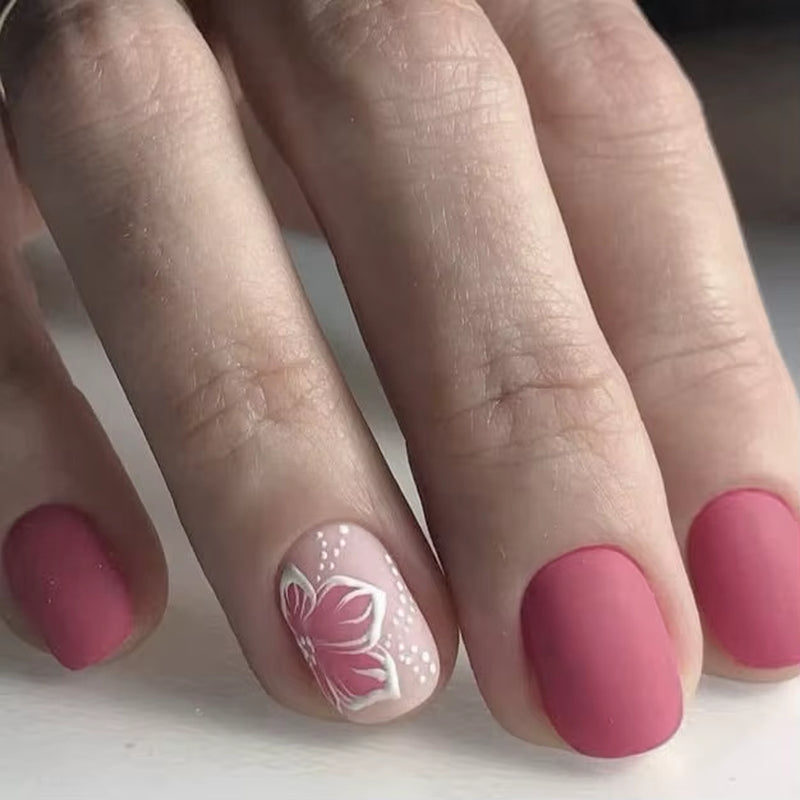 24Pcs Elegant Fairy White Flower Press-On Nails with Pink French Tips - Short Square Design for Effortless DIY Manicure