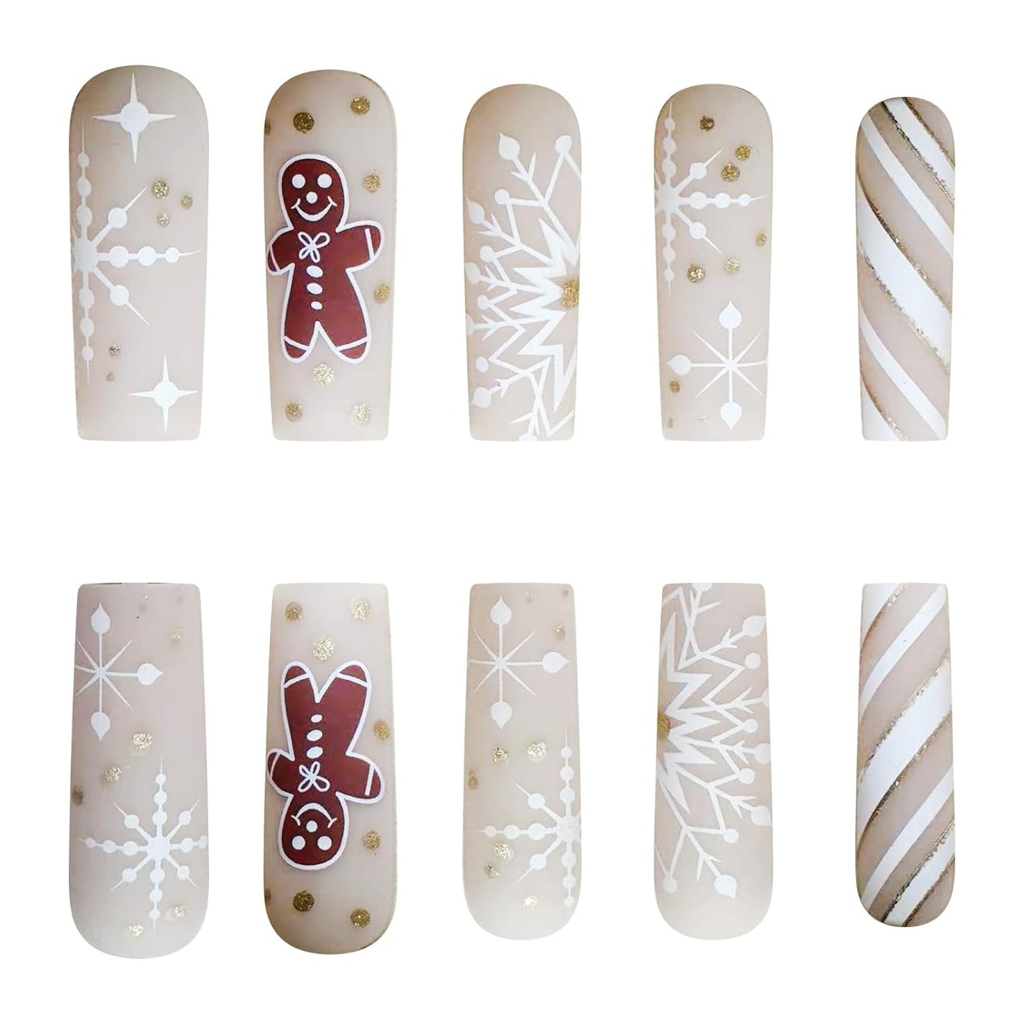 Festive Gingerbread Man Press-On Nails - 24Pcs Long Square Acrylic Set with Snowflake & Stripe Designs for a Merry Christmas!