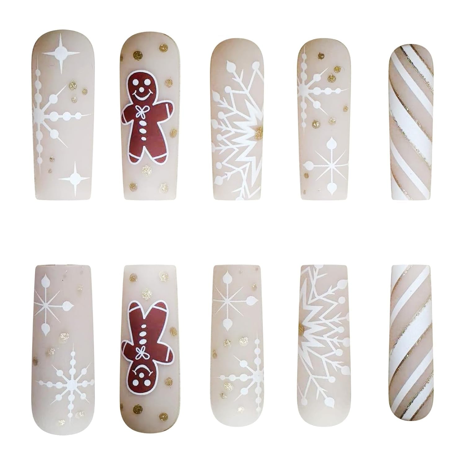 Festive Gingerbread Man Press-On Nails - 24Pcs Long Square Acrylic Set with Snowflake & Stripe Designs for a Merry Christmas!