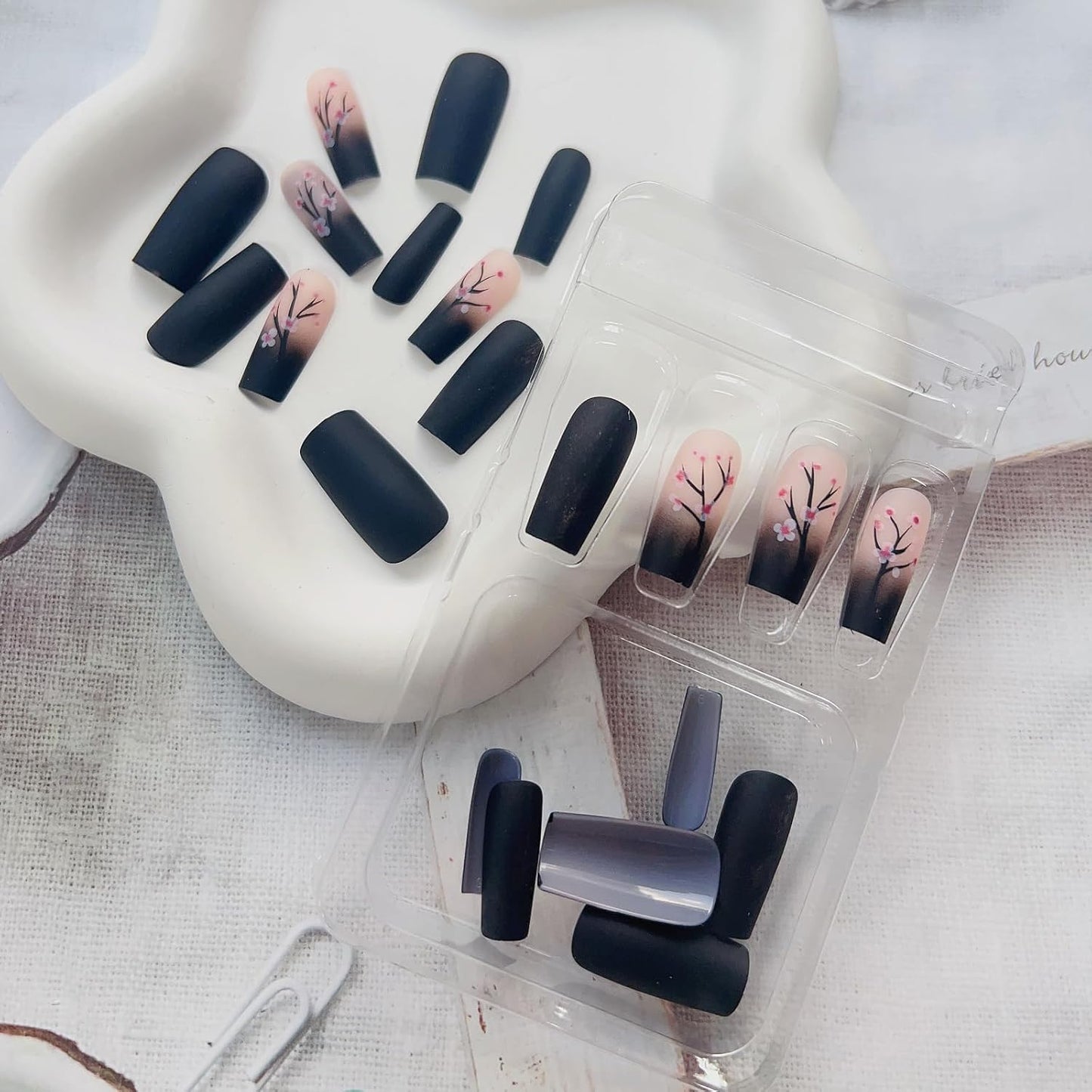 Gorgeous Medium Square Black Press-On Nails with Pink Flowers - 24 Pcs Glossy Full Cover Acrylic Stick-Ons for Women & Girls - Perfect Winter Nail Art!