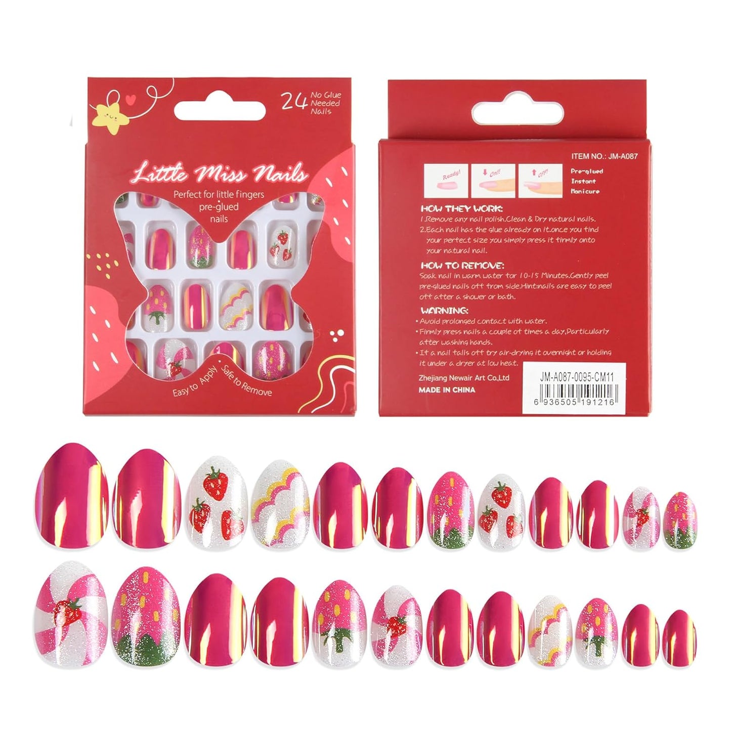 Sweet Strawberry Kids Press-On Nails - Fun Almond-Shaped Fake Nails for Girls - Easy Adhesive Full Cover Short Nail Tips