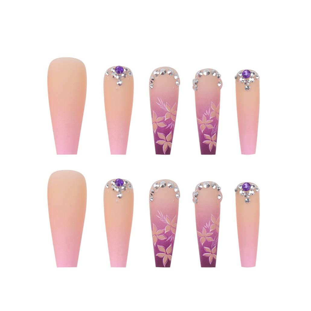 Glamorous Extra Long Rhinestone Pink Press-On Nails - 24PCS Glitter Acrylic Full Cover Nail Tips for Women & Girls