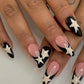 Glamorous Long Stiletto Press-On Nails with Black Edge, Gold Thread, and Rhinestones - Perfect for a Stunning Manicure!