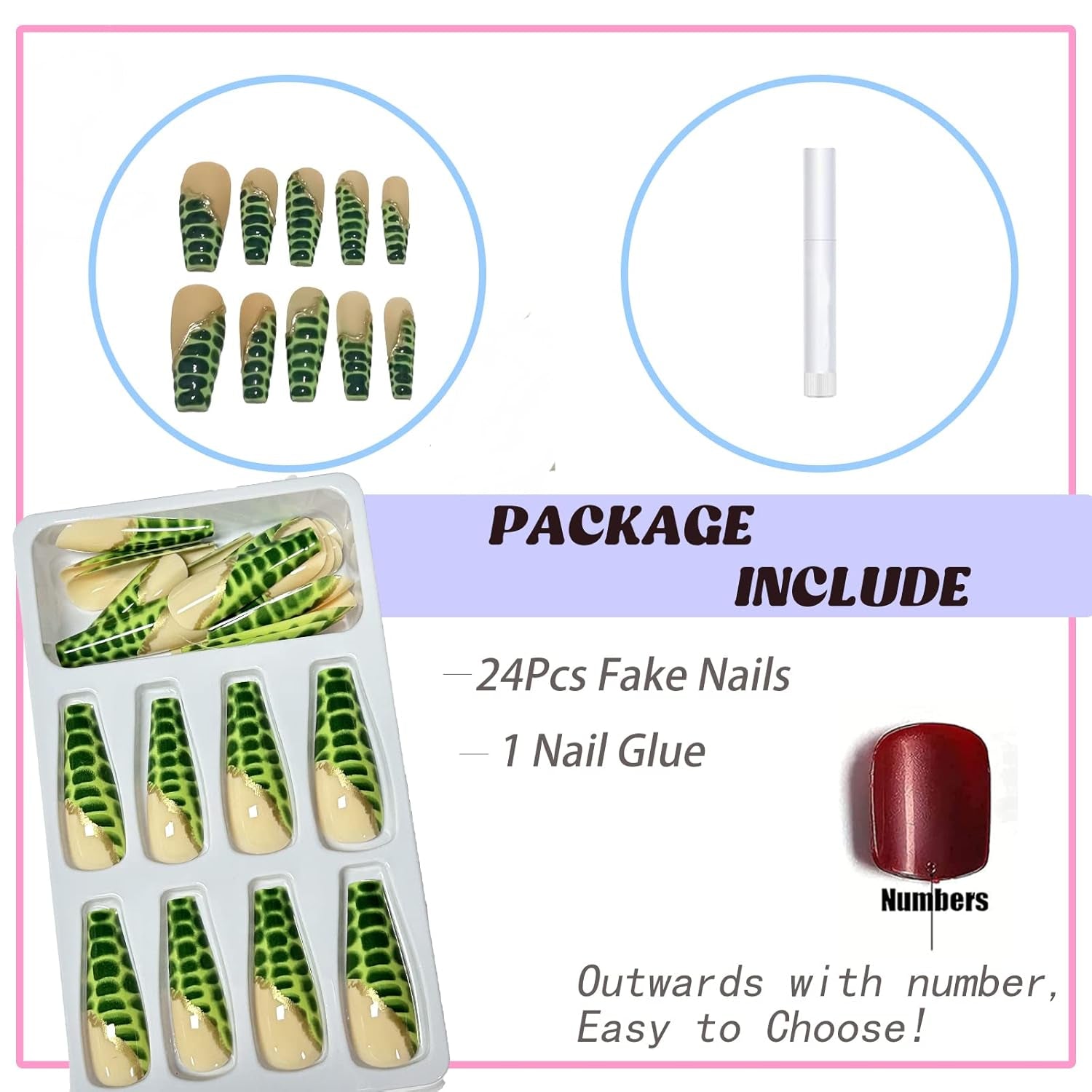Glamorous Green French Tip Coffin Press-On Nails - 24Pcs Ballerina Acrylics with Chic Crocodile Pattern for Women and Girls