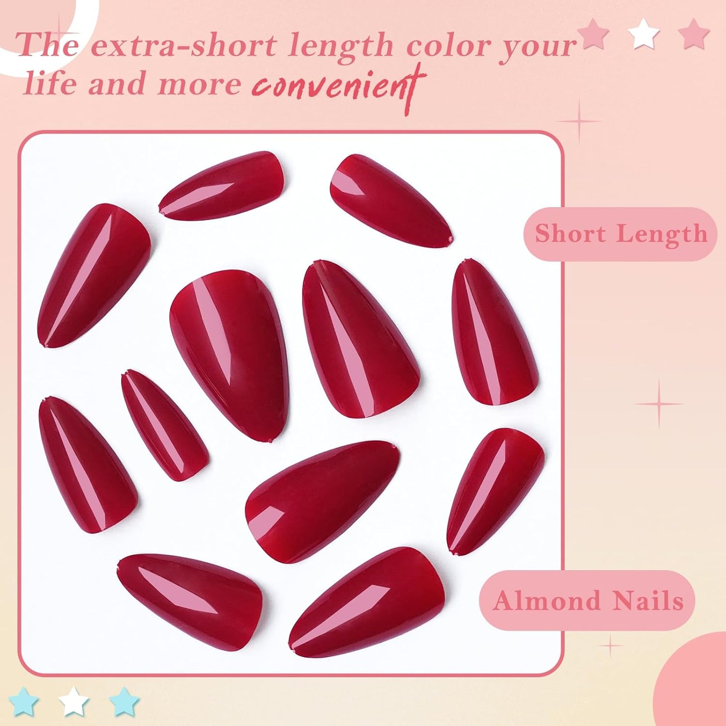 240 Pcs Almond Red Press-On Nails - Full Cover Solid Color Acrylic Fake Nails with 5 Sheets Adhesive Tabs for Effortless Glam!
