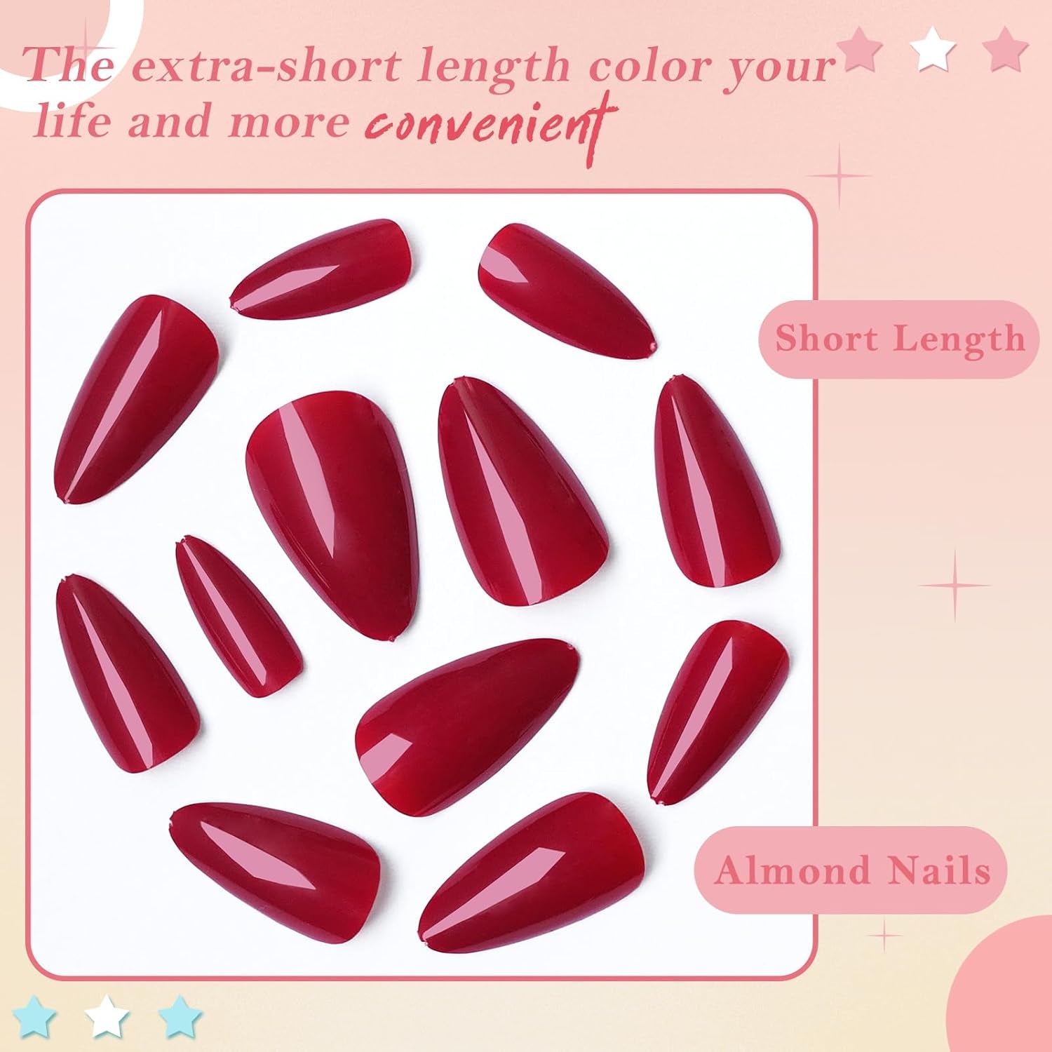 240 Pcs Almond Red Press-On Nails - Full Cover Solid Color Acrylic Fake Nails with 5 Sheets Adhesive Tabs for Effortless Glam!