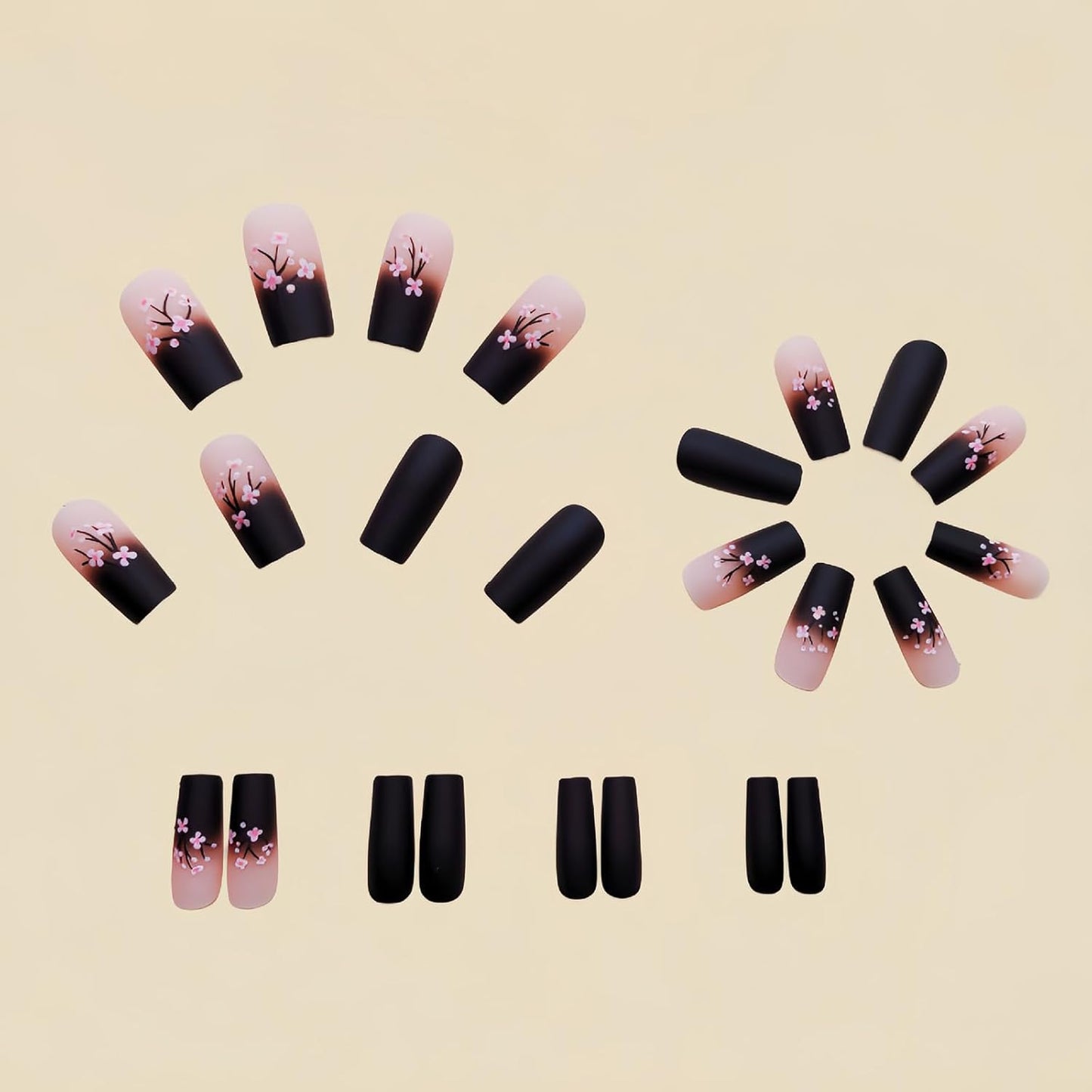 Gorgeous Medium Square Black Press-On Nails with Pink Flowers - 24 Pcs Glossy Full Cover Acrylic Stick-Ons for Women & Girls - Perfect Winter Nail Art!