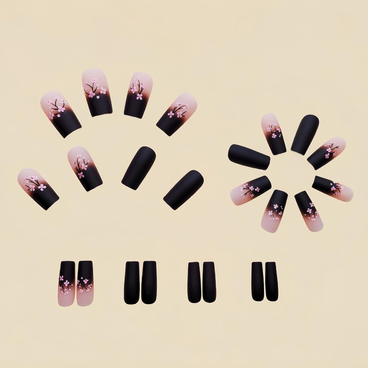 Gorgeous Medium Square Black Press-On Nails with Pink Flowers - 24 Pcs Glossy Full Cover Acrylic Stick-Ons for Women & Girls - Perfect Winter Nail Art!