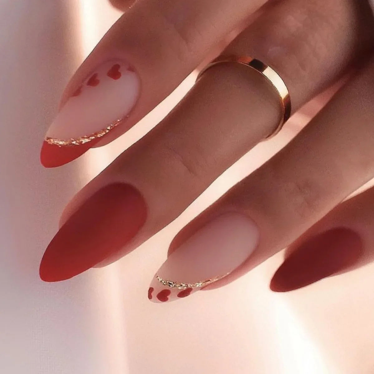 Glamorous 24Pcs Red Floral Almond Press-On Nails - Mid-Length Glitter Full Cover Tips
