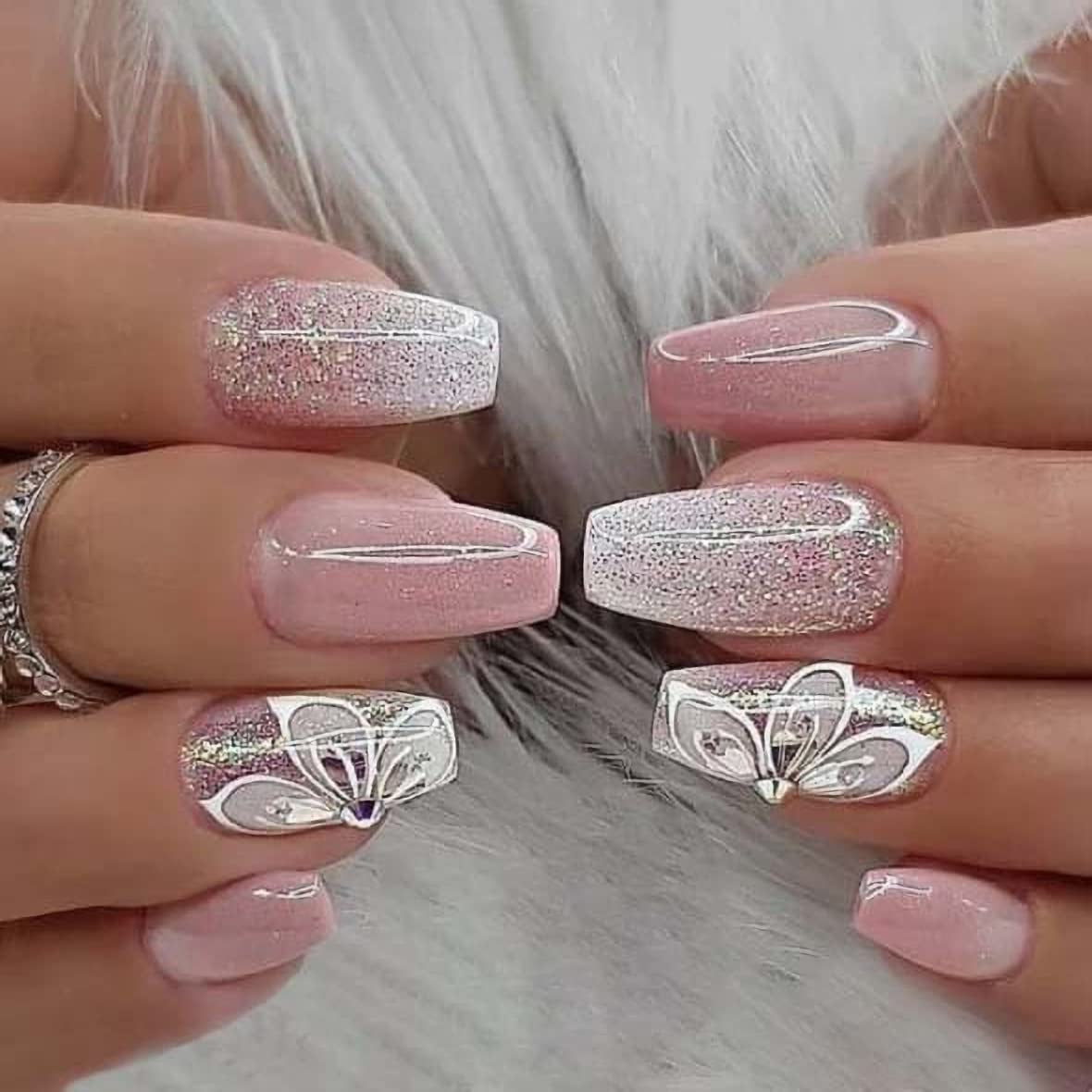 Gorgeous Pink Gradient Coffin Press-On Nails with Flash Flower Design - Full Cover Acrylic Ballerina Style for Effortless Glam!
