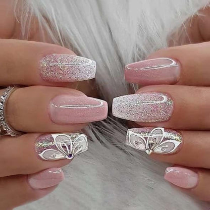 Gorgeous Pink Gradient Coffin Press-On Nails with Flash Flower Design - Full Cover Acrylic Ballerina Style for Effortless Glam!