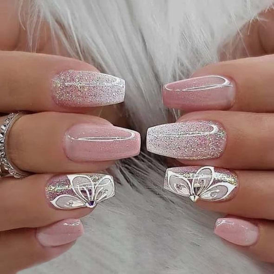 Gorgeous Pink Gradient Coffin Press-On Nails with Flash Flower Design - Full Cover Acrylic Ballerina Style for Effortless Glam!