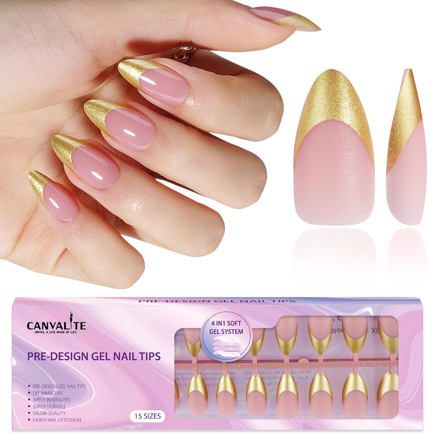 Glamorous Gold Chrome French Tip Press-On Nails - 150 Pcs Medium Almond DIY Gel Nail Tips with Stunning Designs