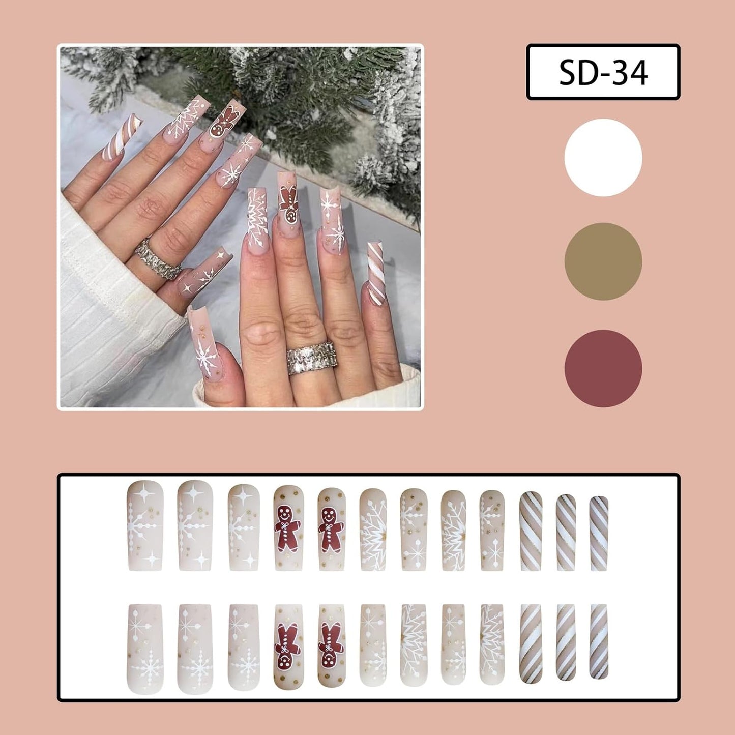 Festive Gingerbread Man Press-On Nails - 24Pcs Long Square Acrylic Set with Snowflake & Stripe Designs for a Merry Christmas!