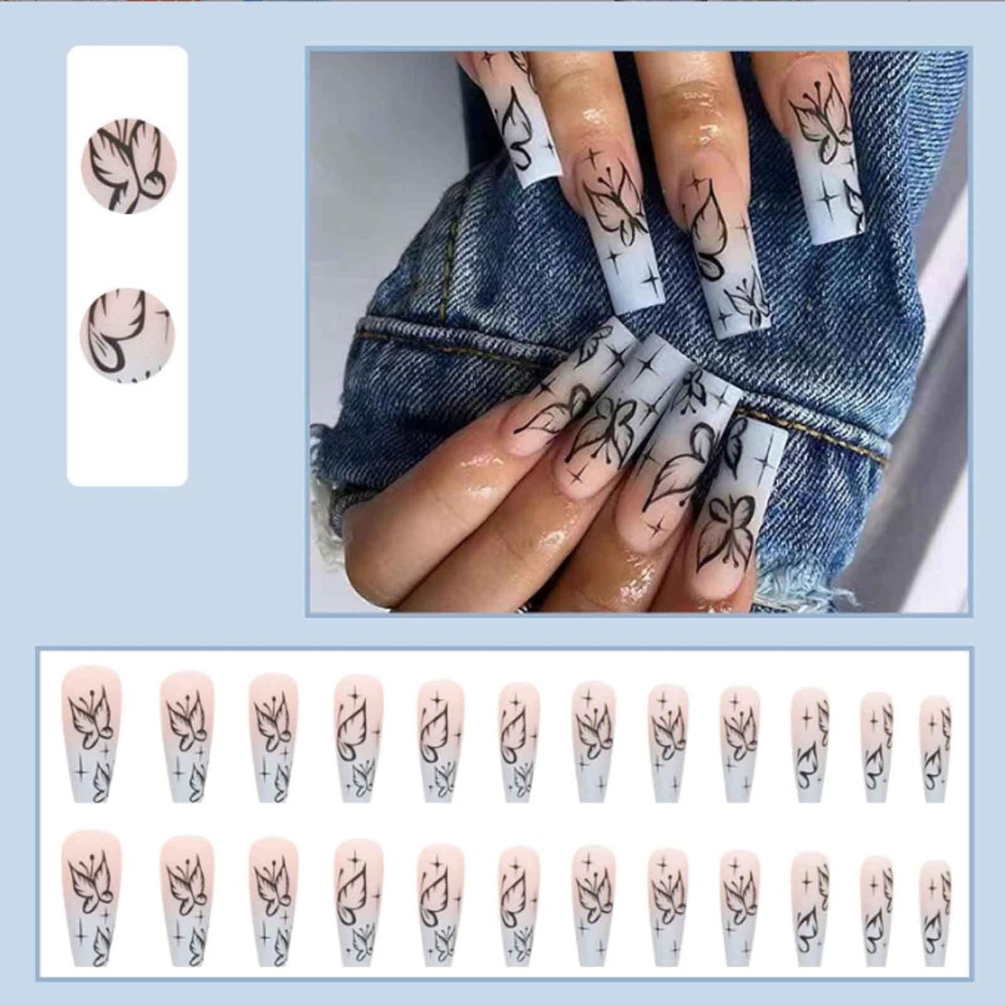 Gorgeous Long Coffin Butterfly Press-On Nails - 24PCS Matte Acrylic Full Cover Ballerina Style for Women and Girls