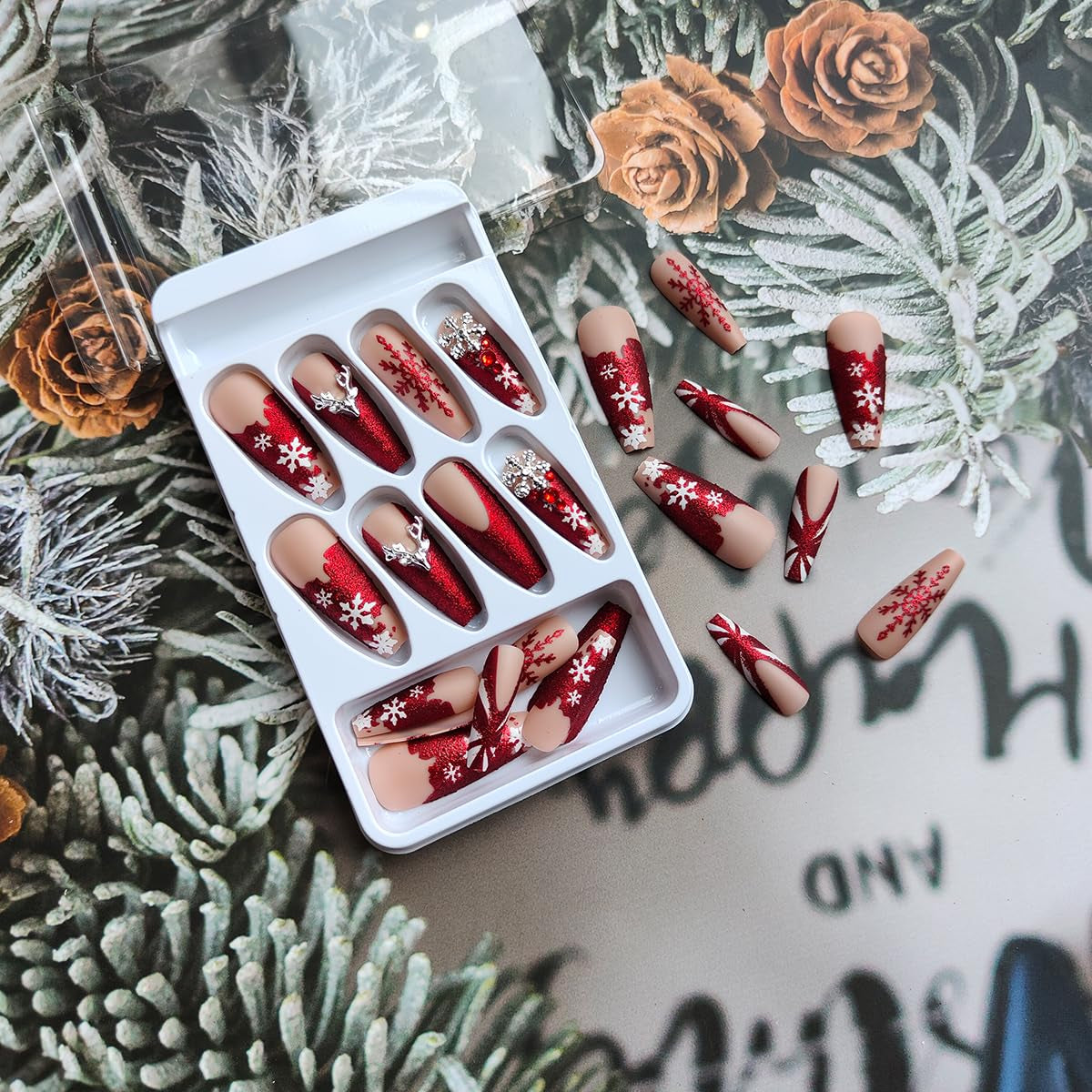 Elegant Luxury Christmas Press-On Nails with 3D Snowflake & Elk Charms - 24 Pcs Red Glitter Full Cover Designs for a Festive New Year Look