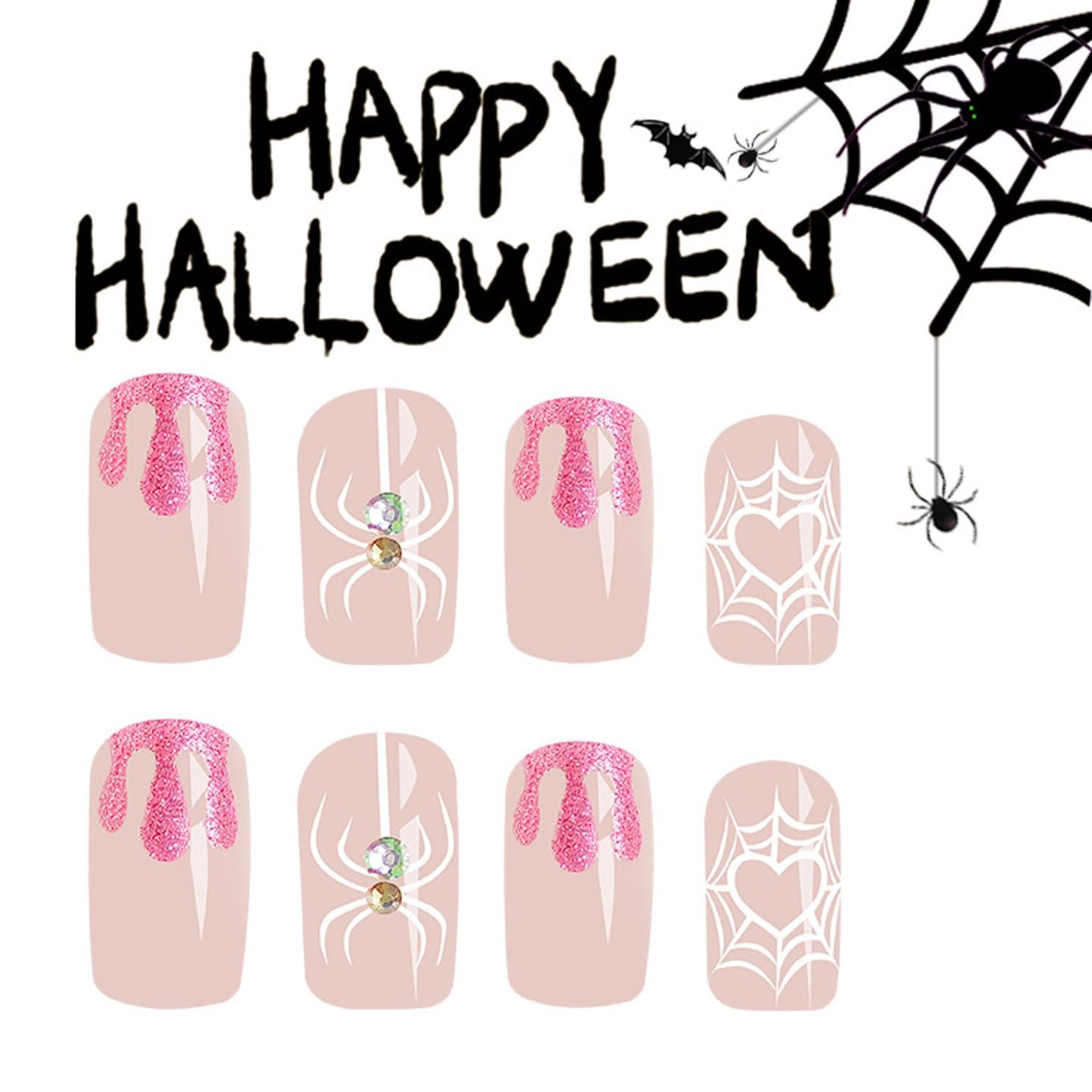 Cute Halloween Press-On Nails - Short Square Acrylic with Glitter Heart & Spiderweb Design - 24Pcs Full Cover Manicure for Women & Girls