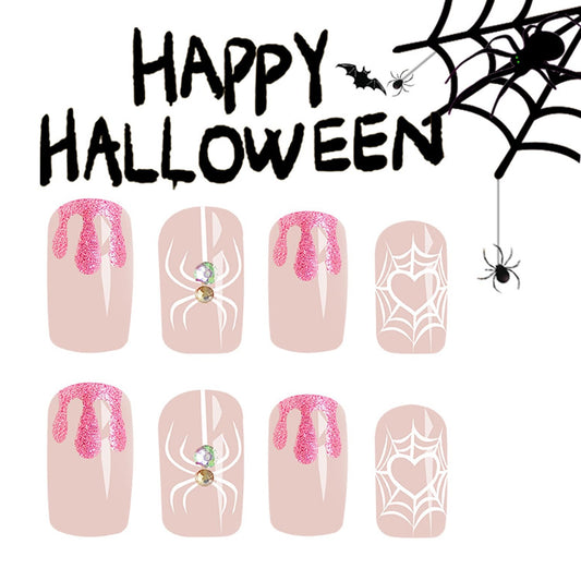 Cute Halloween Press-On Nails - Short Square Acrylic with Glitter Heart & Spiderweb Design - 24Pcs Full Cover Manicure for Women & Girls