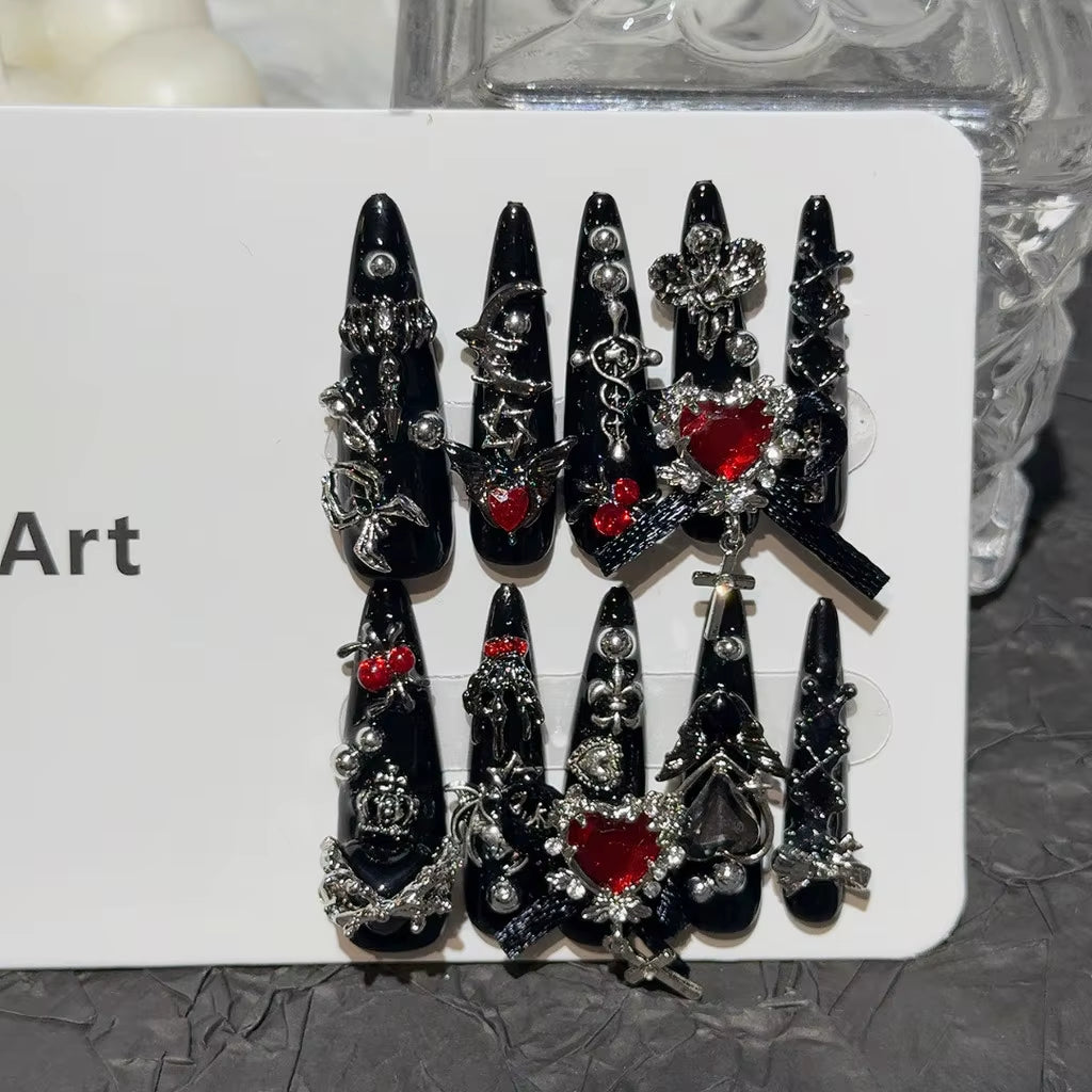 Y2K Menhera Spice Girls Inspired Black & Red Long Tip Handmade Press-On Nails with Cross, Spider, Love, Diamond, and Bow Designs - Cool Dark Nail Art