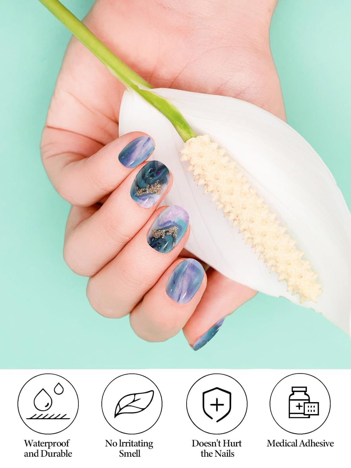 Stunning Blue Marble Gel Nail Strips - Long Lasting, Salon-Quality Full Wrap Stickers with Nail File & Wood Stick (UV/LED Lamp Required)