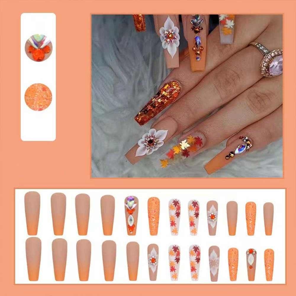 Glamorous Fall Press-On Nails - Long Coffin Design with Glitter Maple Leaf & Rhinestones - Perfect for Thanksgiving!