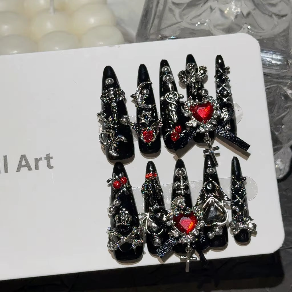 Y2K Menhera Spice Girls Inspired Black & Red Long Tip Handmade Press-On Nails with Cross, Spider, Love, Diamond, and Bow Designs - Cool Dark Nail Art