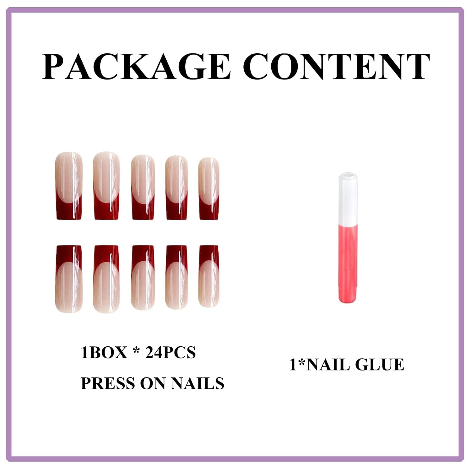 Gothic Glam: 24 Pcs Long Square Red French Tip Press-On Nails - Glossy Squoval Acrylics