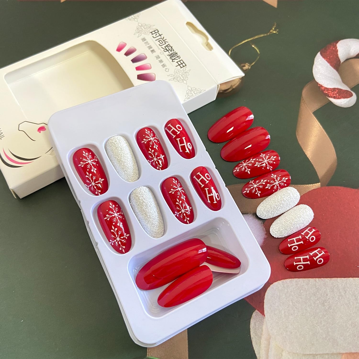 Festive Winter Wonderland Press-On Nails - Long Almond Shape with White Snowflakes & Red Accents - Reusable Acrylic Stick-On Nails for a Stunning Christmas Manicure!