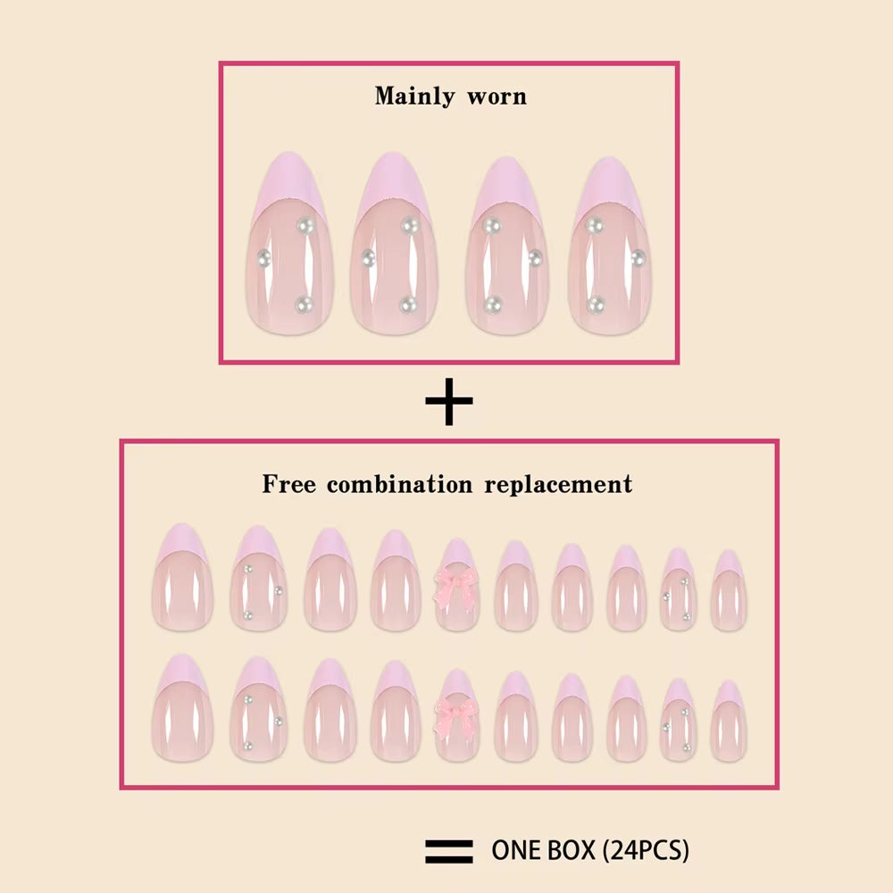 Glamorous 24Pcs Short French Water Droplet Fake Nails with Pink Edges & Pearl Bows for Women and Girls