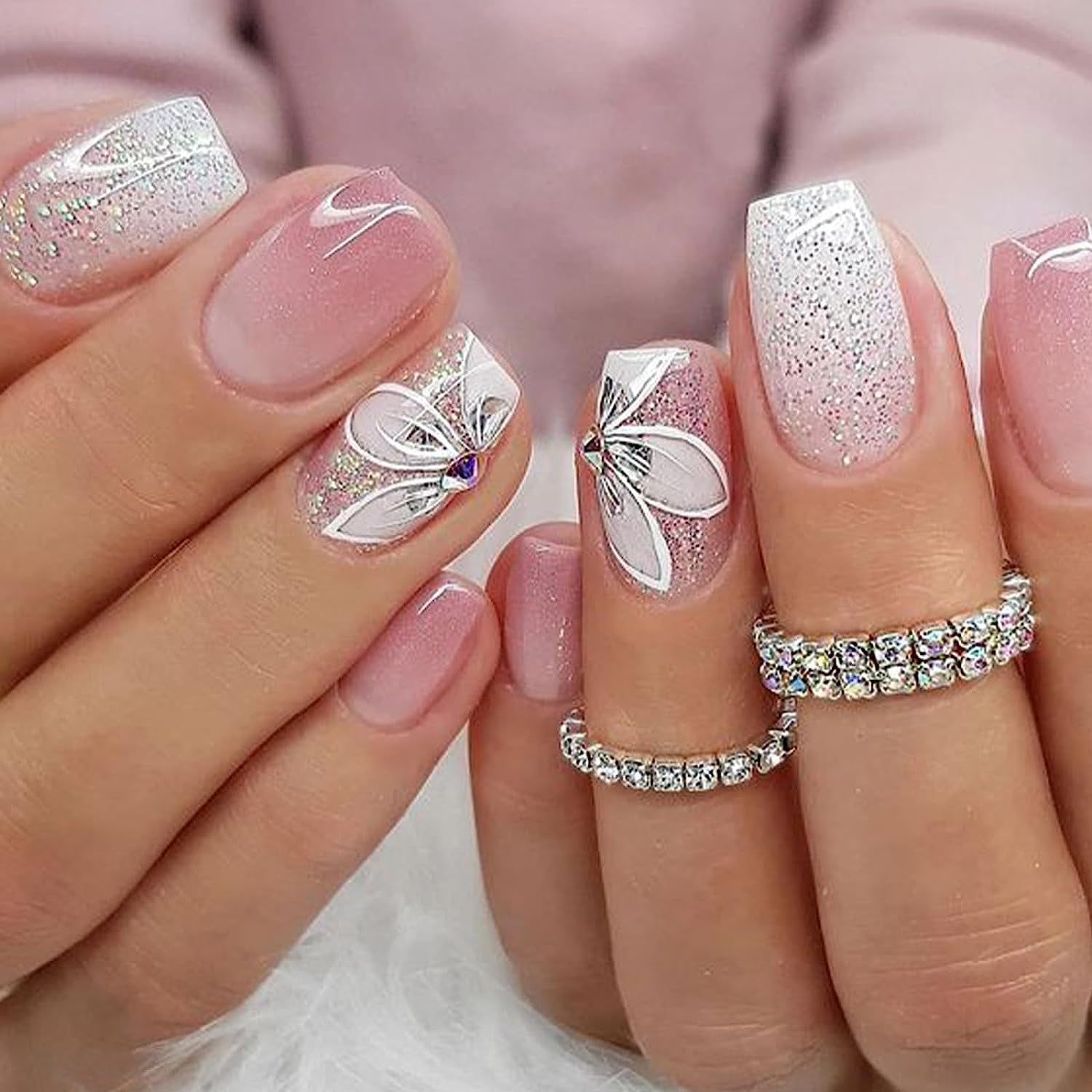Gorgeous Pink Gradient Coffin Press-On Nails with Flash Flower Design - Full Cover Acrylic Ballerina Style for Effortless Glam!