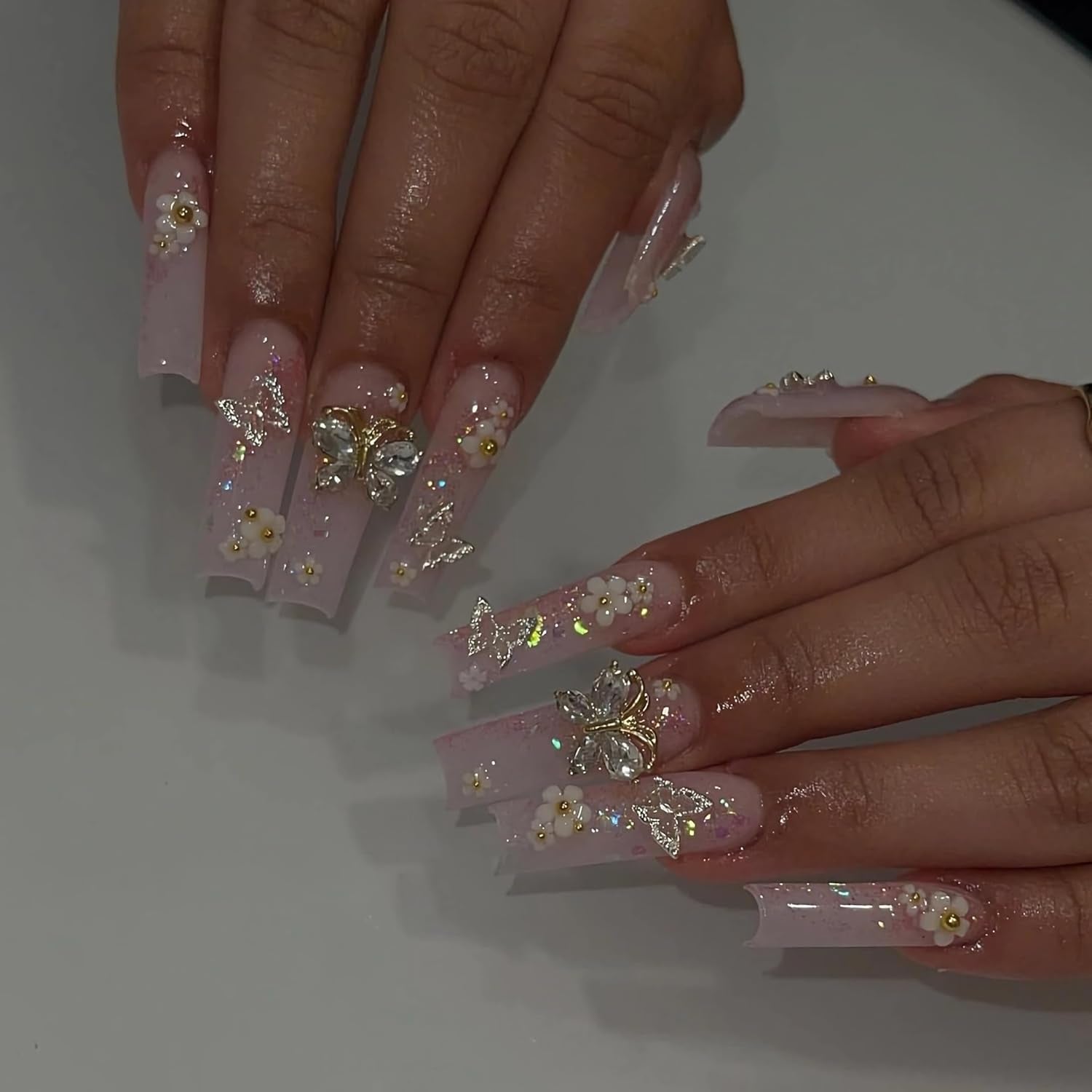 Glamorous Long Pink Square Press-On Nails with 3D Butterfly Flower Charms - 24Pcs Glitter Acrylic Squoval Manicure for Women & Girls
