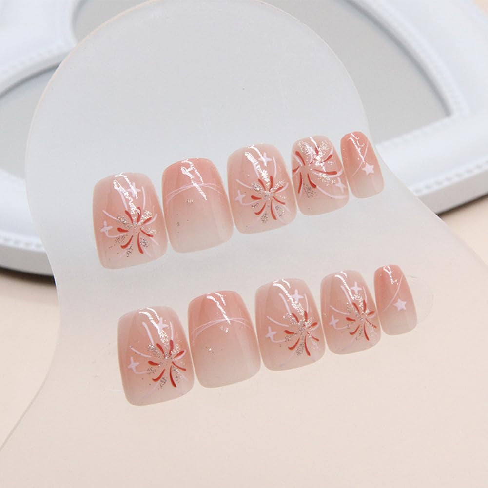 24Pcs Short Square Acrylic Press-On Nails - Pink White Ombre with Fireworks Design - Stylish Artificial Nails for Women & Girls