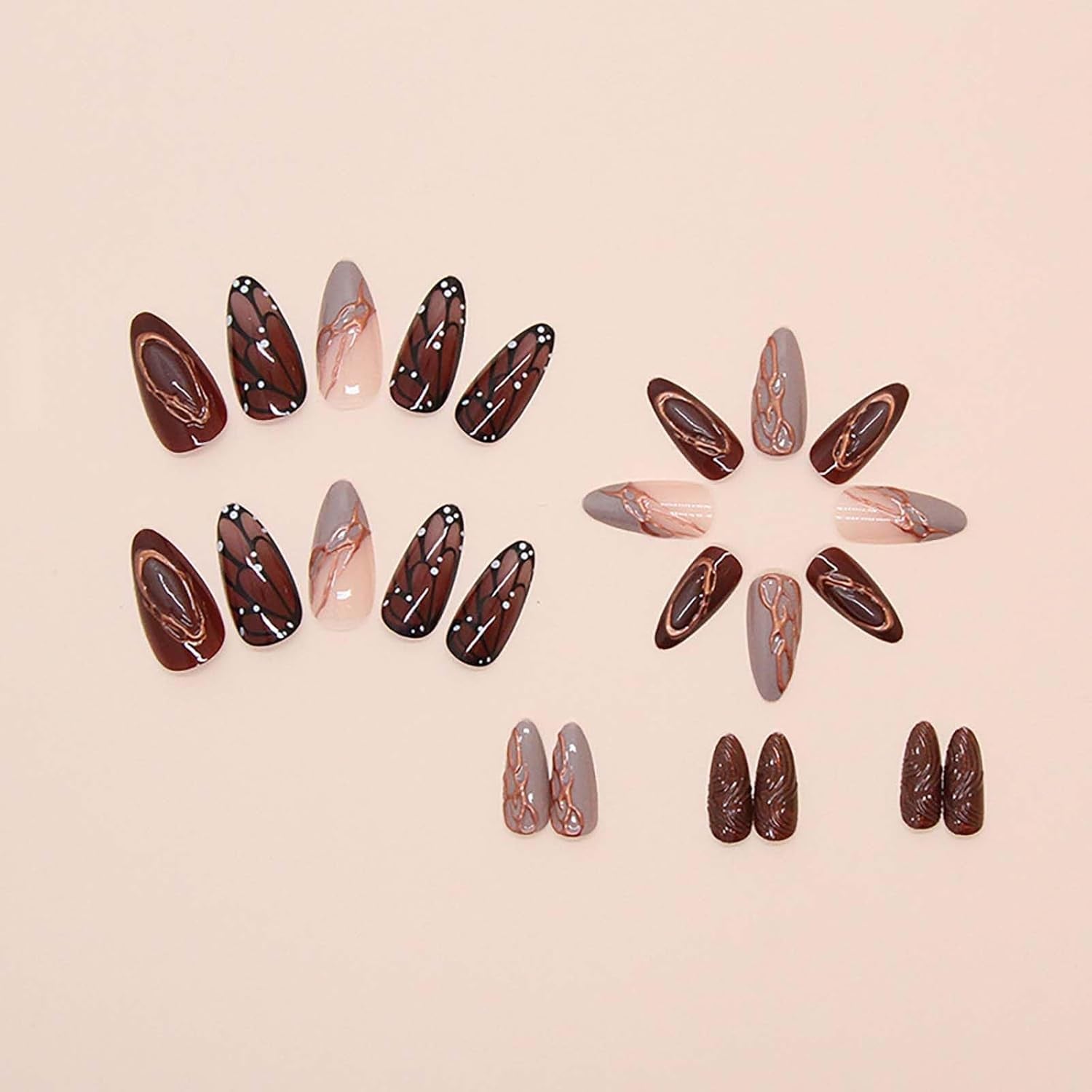 Chic Butterfly Press-On Nails - Medium Almond Brown with Striped Design, 24 Pcs Fall Collection for Women