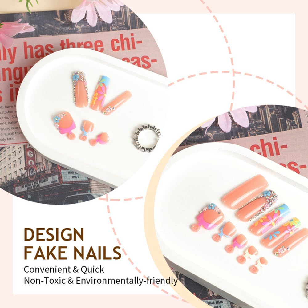 Gorgeous Pink Flower French Press-On Nails & Toenails Set - Full Cover Acrylic Nail Art Kit with Glue for Stunning Manicures and Pedicures