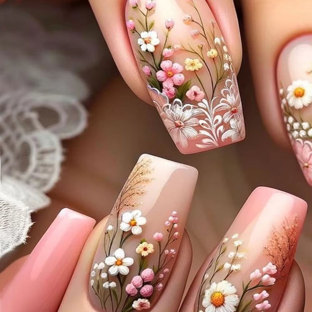 24Pcs Beautiful Floral Design Press-On Acrylic Nails - Fall & Winter Square Ballet Tips