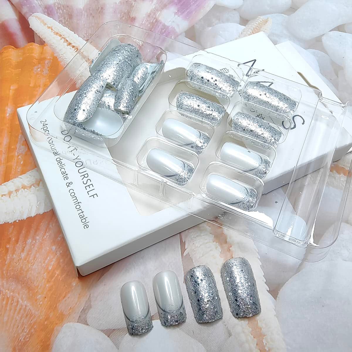 Glamorous 24 Pcs Silver Glitter French Tip Press-On Nails - Medium Square Full Cover with Bling Sequins for Stunning DIY Manicures