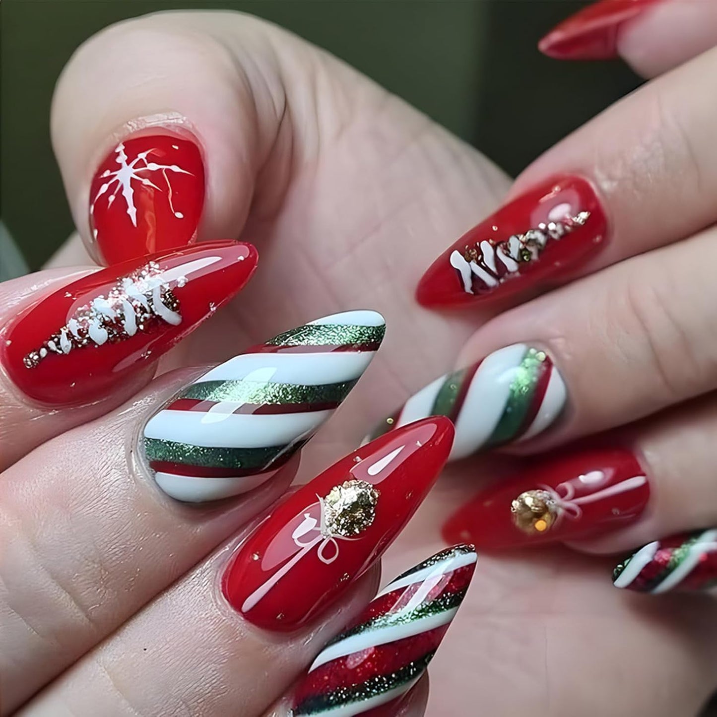 Glamorous Christmas Press-On Nails - Medium Almond Shape with Gold Glitter Xmas Tree & Snowflake Designs - 24 Pcs Full Cover Red Glossy Acrylics for Festive Manicure