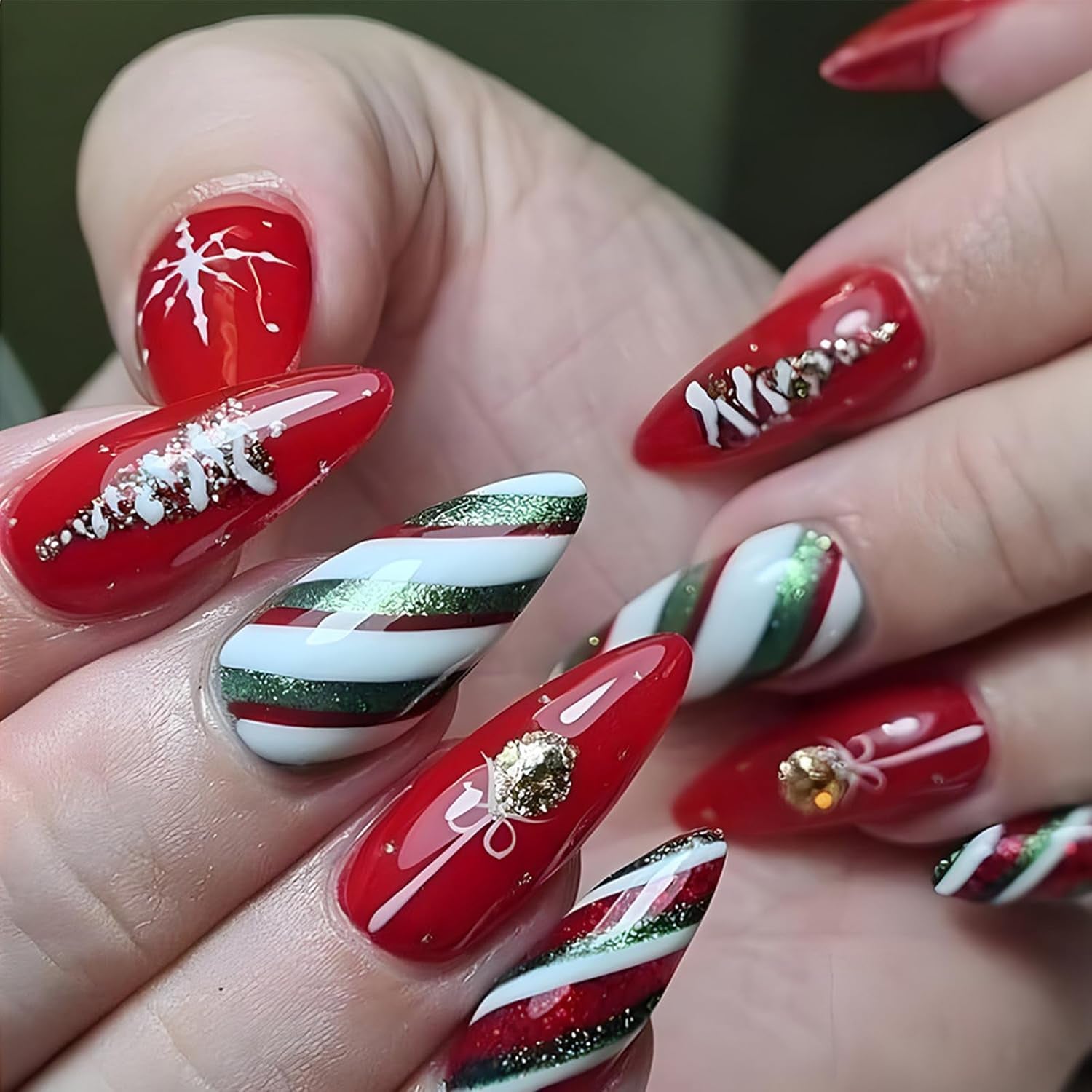 Glamorous Christmas Press-On Nails - Medium Almond Shape with Gold Glitter Xmas Tree & Snowflake Designs - 24 Pcs Full Cover Red Glossy Acrylics for Festive Manicure
