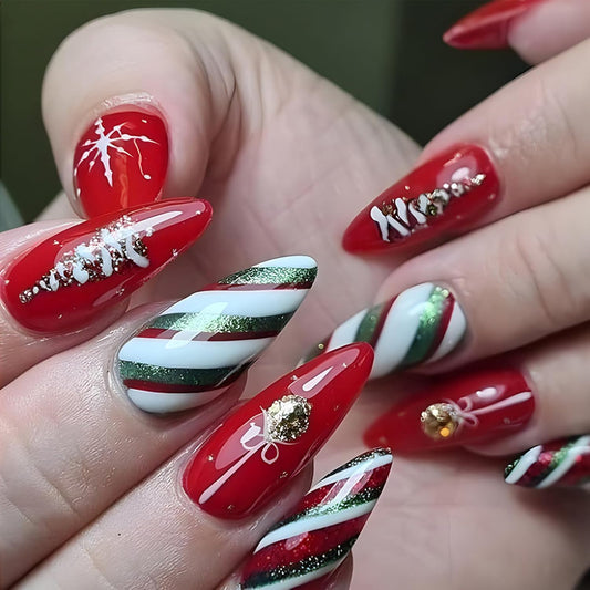 Glamorous Christmas Press-On Nails - Medium Almond Shape with Gold Glitter Xmas Tree & Snowflake Designs - 24 Pcs Full Cover Red Glossy Acrylics for Festive Manicure