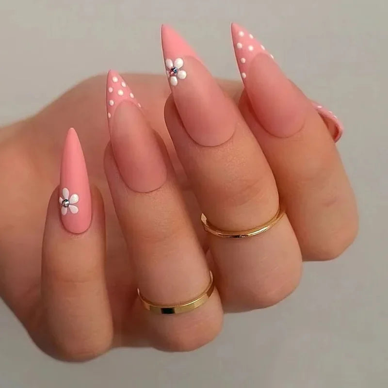 Glamorous Long Stiletto Press-On Nails with Black Edge, Gold Thread, and Rhinestones - Perfect for a Stunning Manicure!