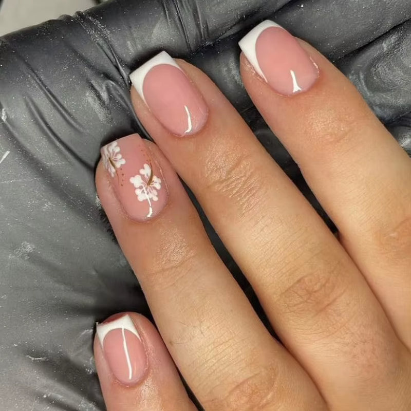 24Pcs Elegant Fairy White Flower Press-On Nails with Pink French Tips - Short Square Design for Effortless DIY Manicure
