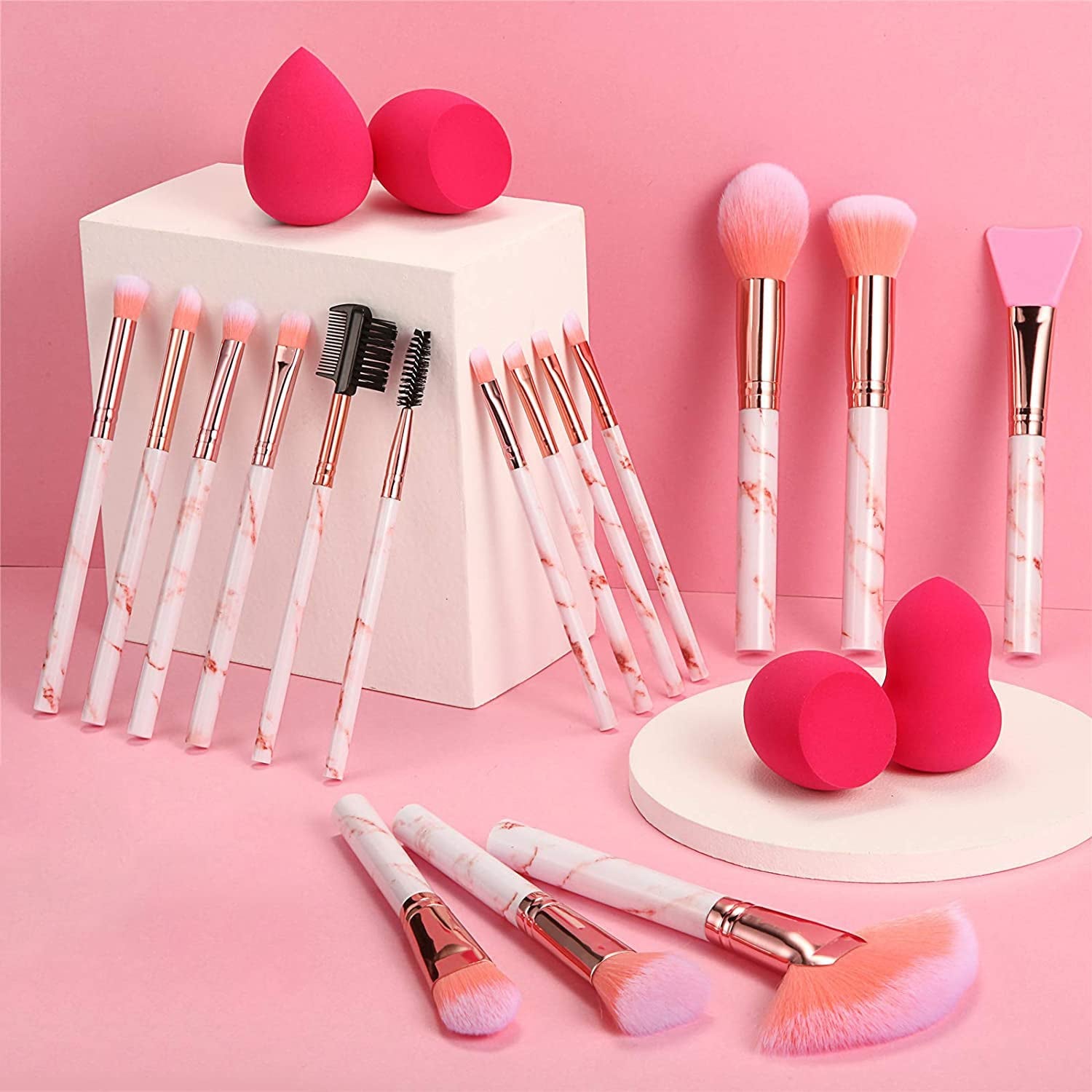 Complete 16PCS Professional Makeup Brush Set with Marble Handles & Sponge Blenders – Perfect for Flawless Foundation, Eyeshadow, Lips, and Face Masks!