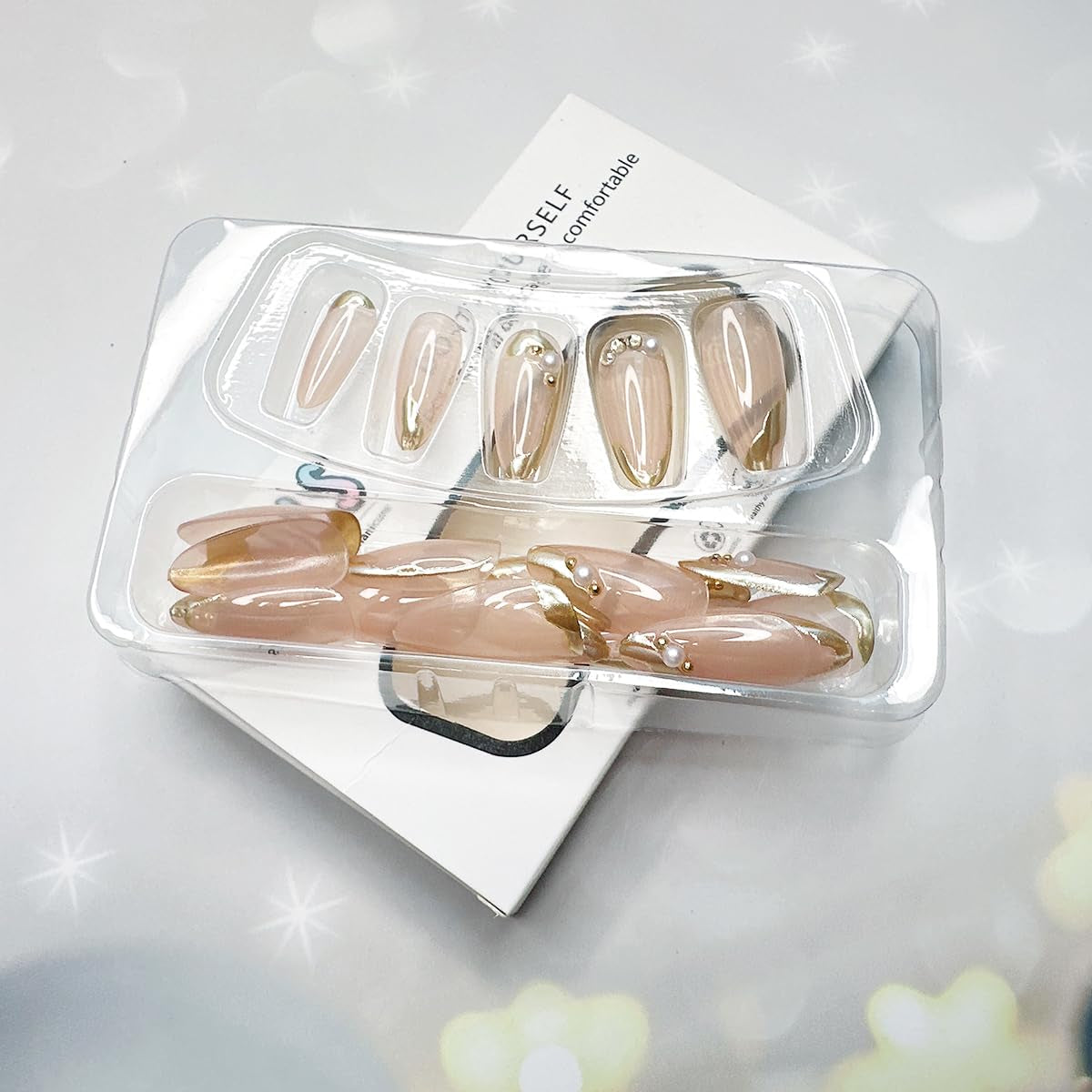 Glamorous 24Pcs Medium Almond French Tip Press-On Nails with Pearls & Rhinestones - Glossy Full Cover False Nails for Stunning Nail Art