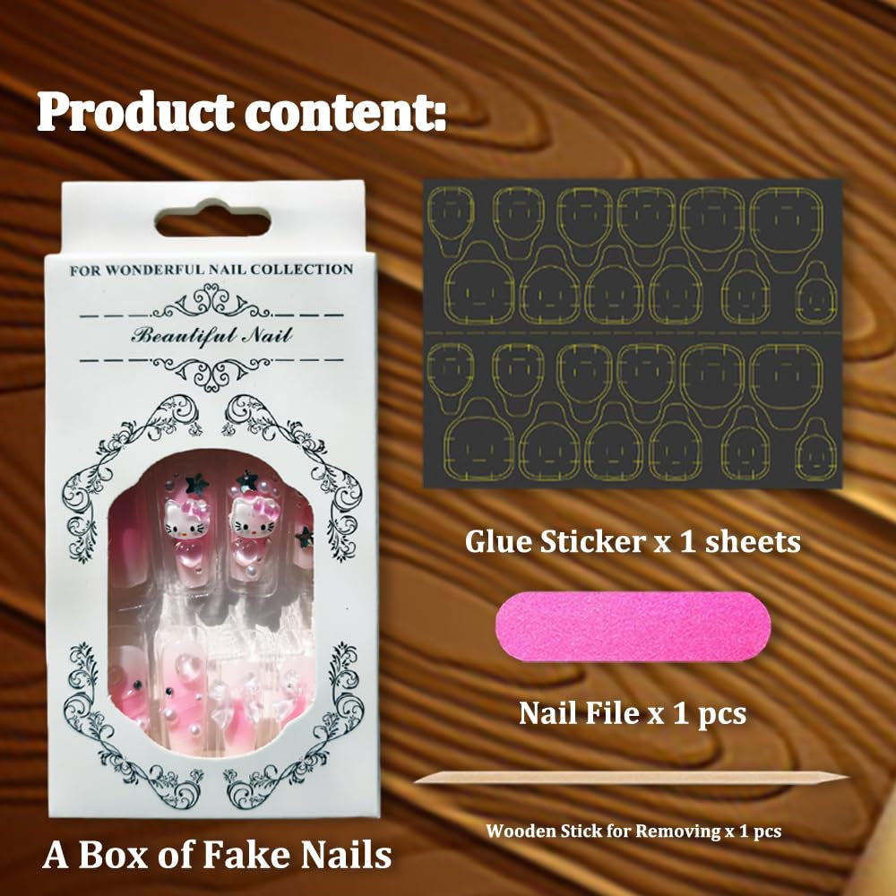 Glamorous 24Pcs Pink Coffin Press-On Nails with 3D Heart, Pearl & Star Charms - Stunning Full Cover Acrylic Nail Art for Women