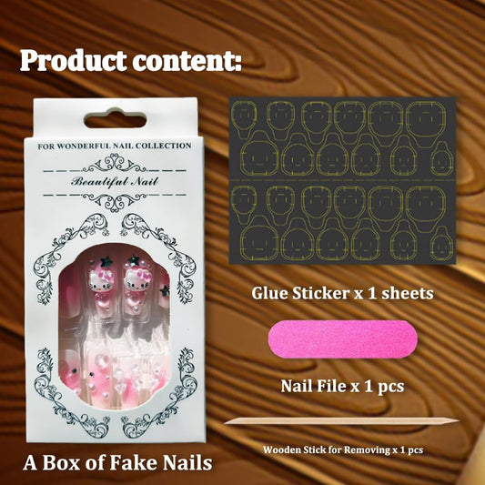 Glamorous 24Pcs Pink Coffin Press-On Nails with 3D Heart, Pearl & Star Charms - Stunning Full Cover Acrylic Nail Art for Women