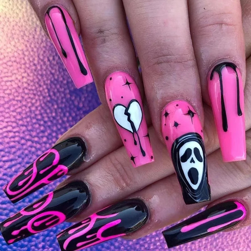 Glamorous 24Pcs Halloween Press-On Nails - Long Ballet Coffin Design with Pearls & French Square Style