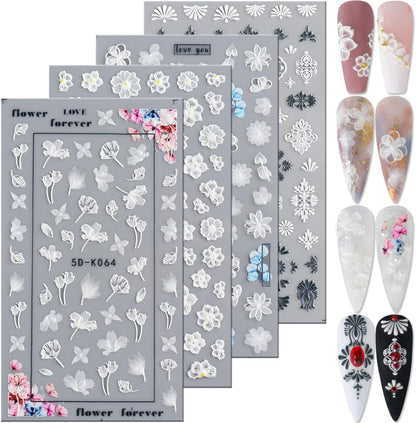5D Flower Nail Art Sticker Decals Hollow Exquisite Pattern Nail Art Supplies Self-Adhesive Luxurious DIY Nail Art Decoration White Lace Flower Leaf Carving Design